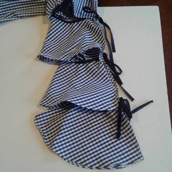Free Generation Blue & White Gingham Print Top with Ruffle Tie Sleeves - Picture 6 of 8